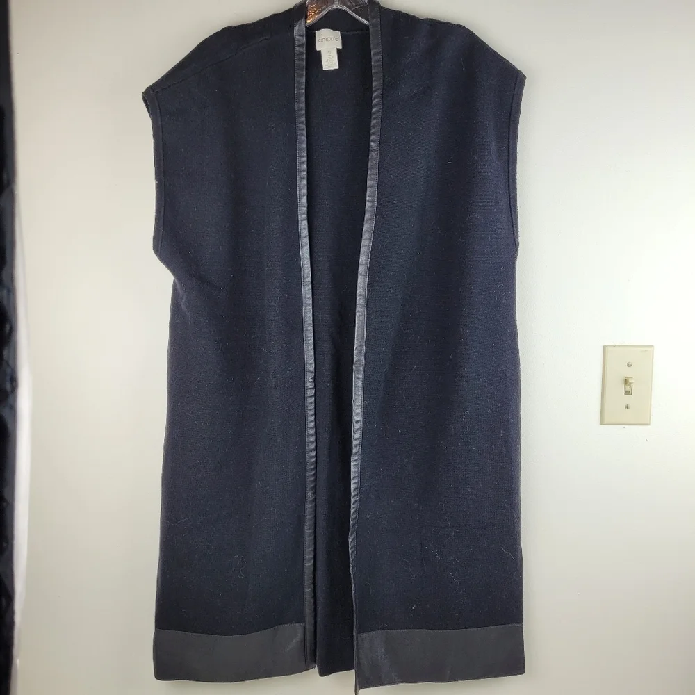 Chico's long black sleeveless sweater vest side slits faux leather trim office M - Picture 2 of 8